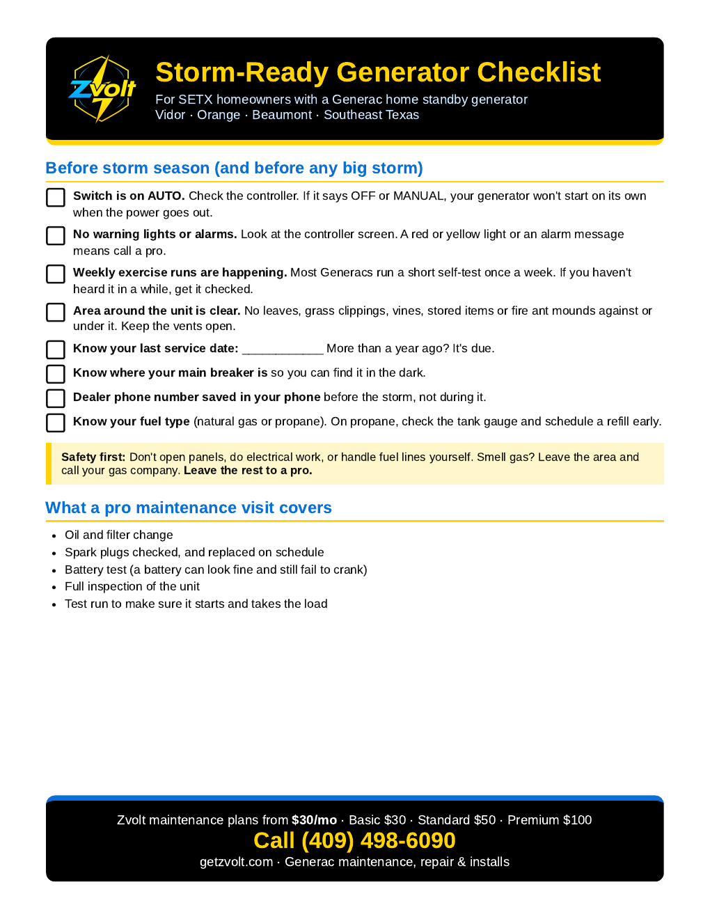 Zvolt Storm-Ready Generator Checklist